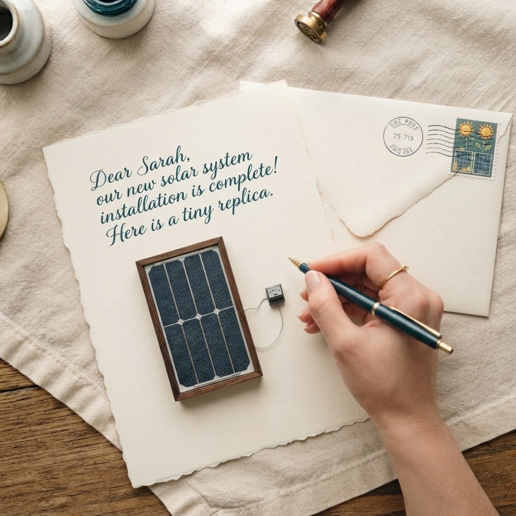 A handwritten letter with a miniature solar panel, warm cream palette — Real Ink Letters