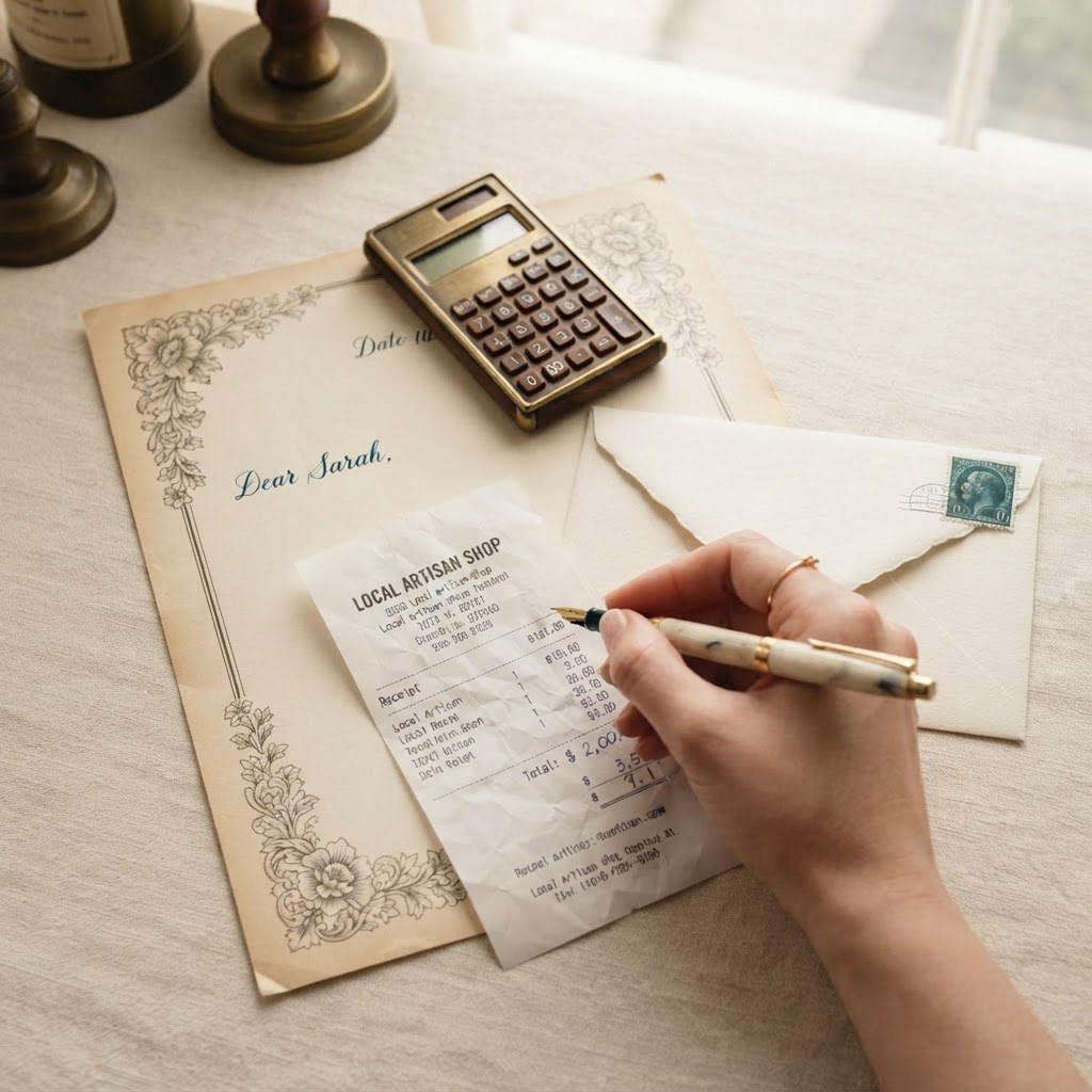 A handwritten letter with a small calculator and paper receipt, warm cream palette — Real Ink Letters