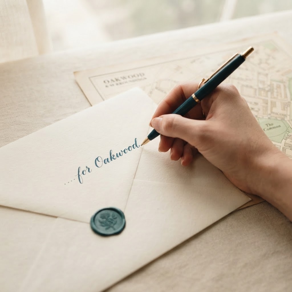 A close-up of a ballpoint pen writing navy ink on cream paper, warm cream palette — Real Ink Letters