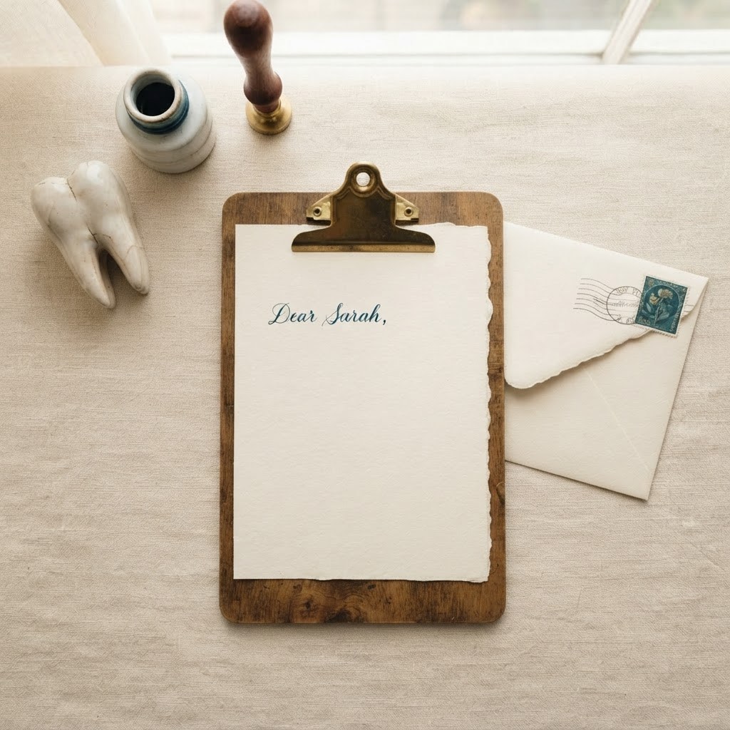 A handwritten letter with a small clipboard and ceramic tooth, warm cream palette — Real Ink Letters