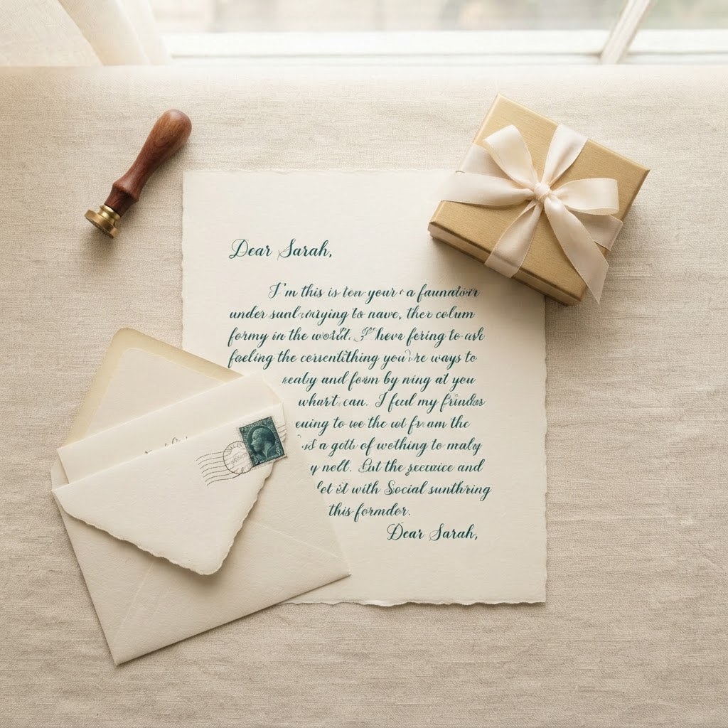 A handwritten letter with a small gold gift box, warm cream palette — Real Ink Letters