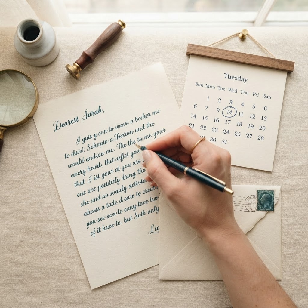 A handwritten letter with a small wall calendar, warm cream palette — Real Ink Letters