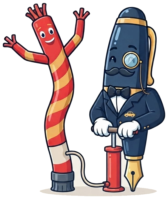 Sir Penman mascot inflating a car dealership waving tube man with a hand pump, for handwritten letters for auto dealerships