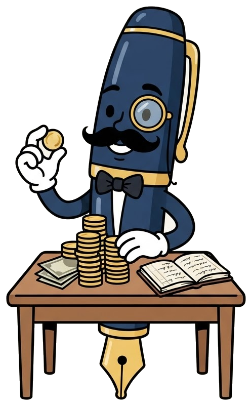 Sir Penman mascot happily counting coins and stacking money, representing Real Ink Letters' simple volume pricing