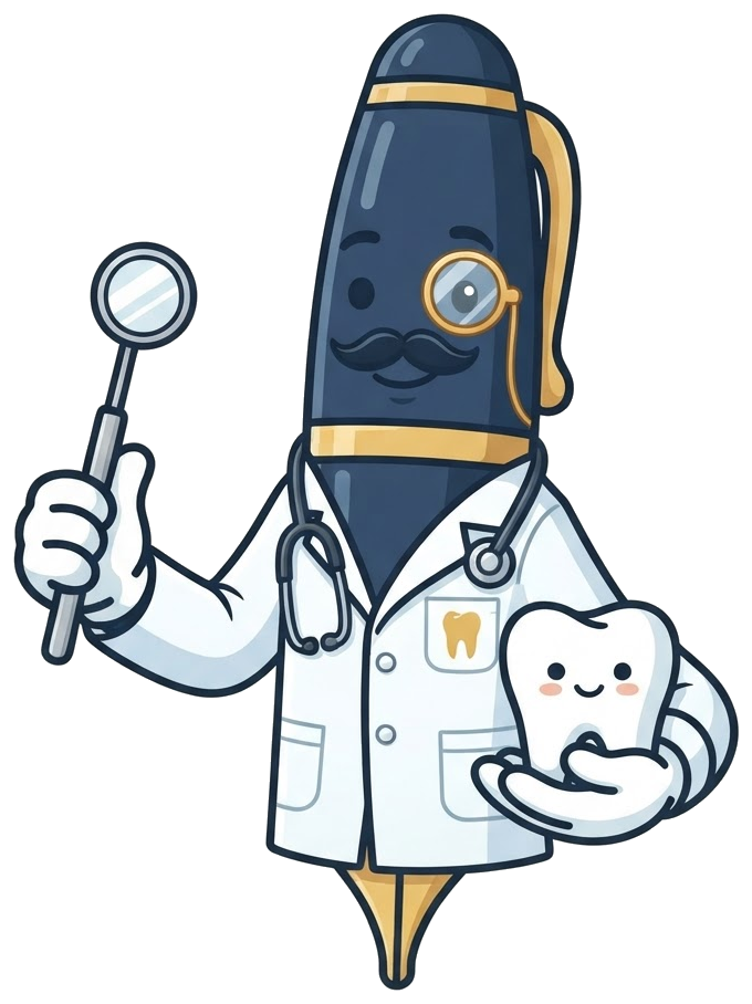Sir Penman mascot in a lab coat holding a dental mirror and tooth, for handwritten letters for dentists