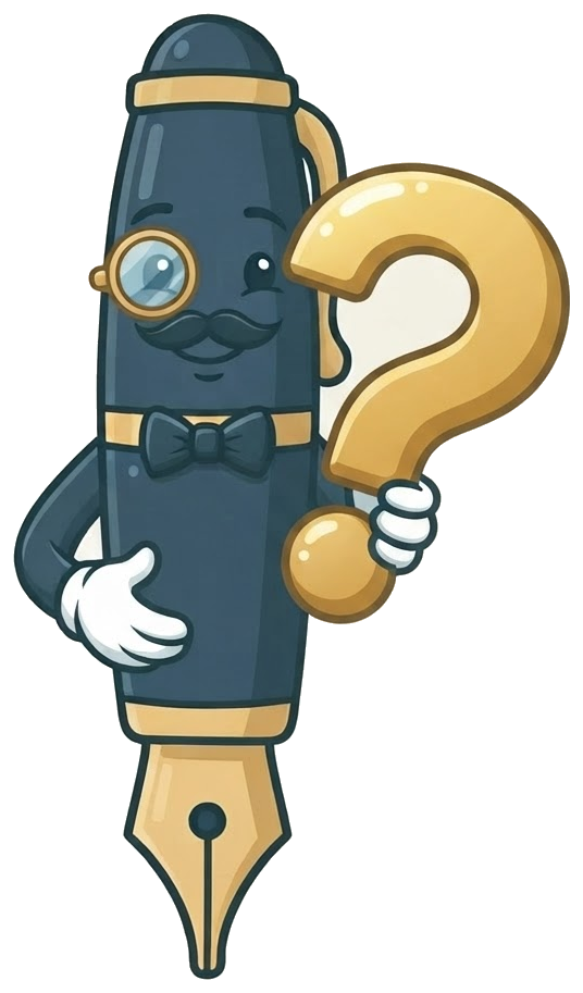 Sir Penman Ink, the Real Ink Letters mascot, holding a giant gold question mark, from Real Ink Letters