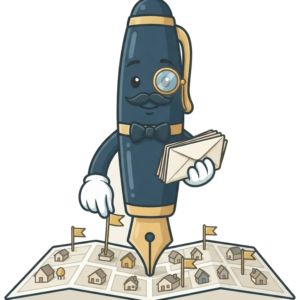 Sir Penman Ink mascot illustration for: Real Estate Farming Letters: How to Own a Neighborhood — Real Ink Letters handwritten mail
