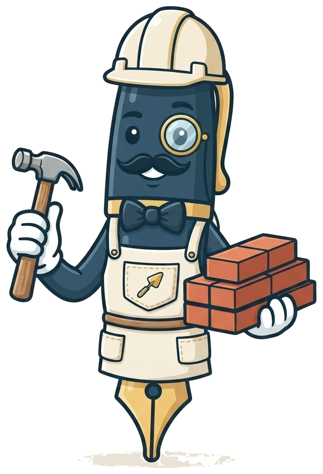 Sir Penman mascot in a hard hat holding a hammer and bricks, for handwritten letters for home improvement contractors