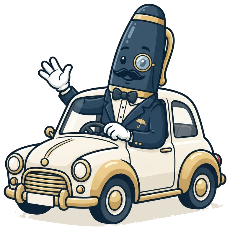 Sir Penman mascot waving from a vintage car, for handwritten letters for insurance agents