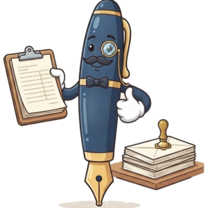 Sir Penman mascot holding a clipboard of addresses beside a stack of wax-sealed handwritten letters, from Real Ink Letters