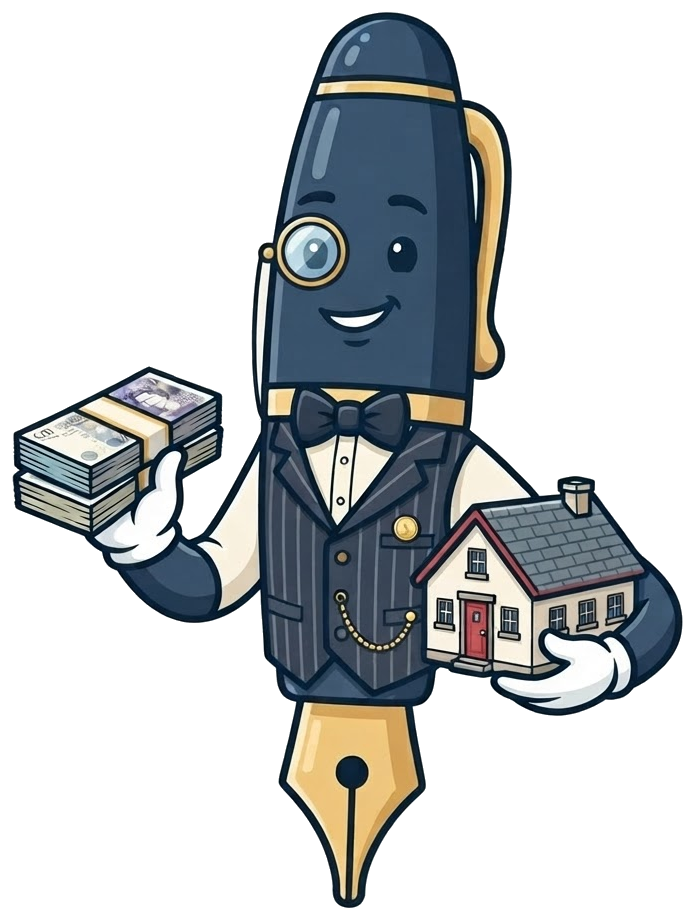 Sir Penman mascot holding a stack of cash and a house, for handwritten letters for mortgage brokers