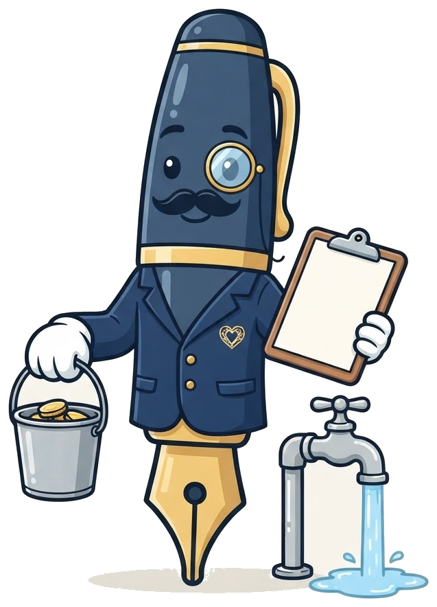 Sir Penman mascot with a donations bucket and clipboard beside a running water tap, for handwritten letters for charities and nonprofits
