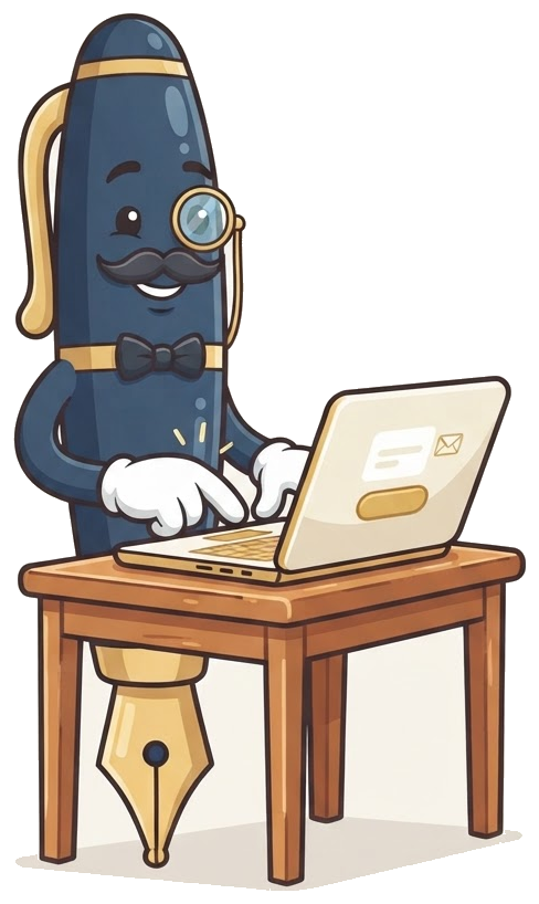 Sir Penman mascot ordering handwritten letters on a laptop, from Real Ink Letters