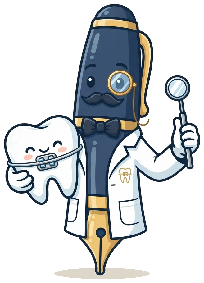 Sir Penman mascot holding a tooth with braces, for handwritten letters for orthodontists