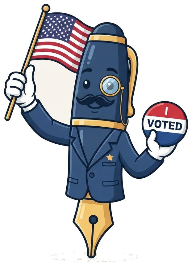 Sir Penman mascot raising an American flag and an I Voted badge, for handwritten letters for political campaigns