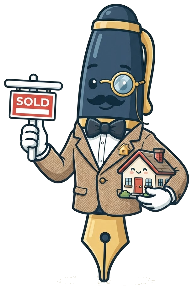 Sir Penman mascot holding a SOLD sign and a smiling house, for handwritten letters for real estate agents