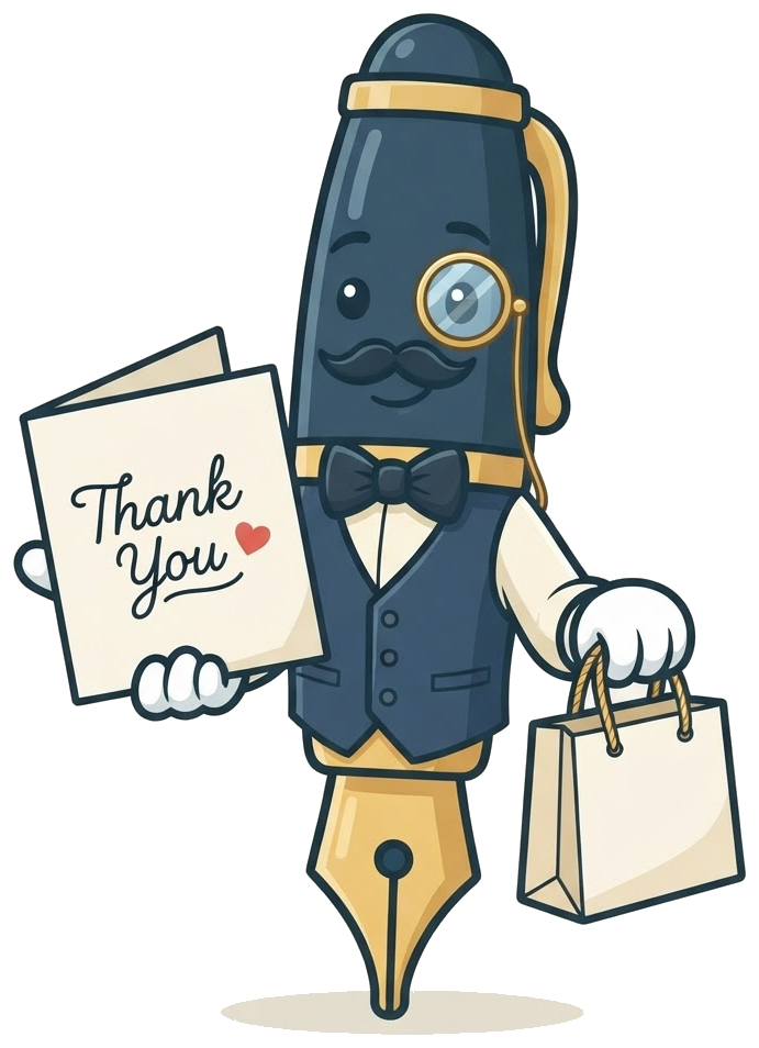 Sir Penman mascot holding a big Thank You card and a shopping bag, for handwritten thank-you letters for retail and ecommerce stores