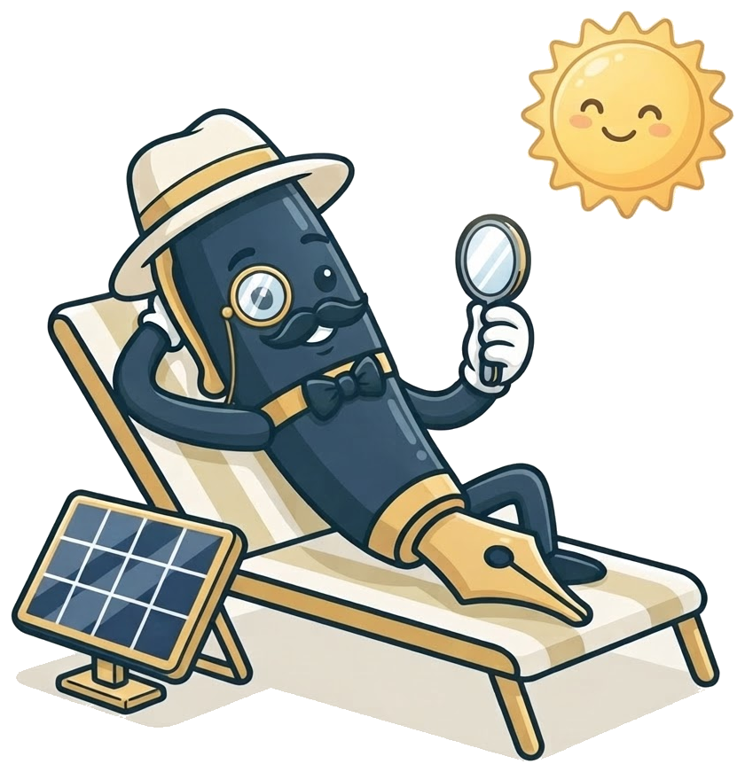Sir Penman mascot sunbathing on a lounge chair beside a solar panel, for handwritten letters for solar panel installers