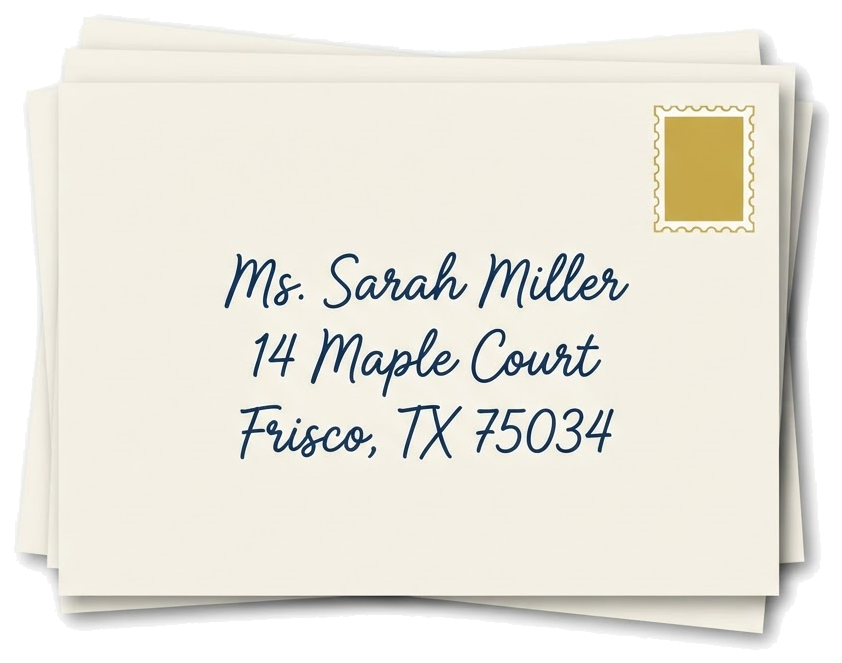Illustration of stacked handwritten addressed envelopes with real first-class stamps