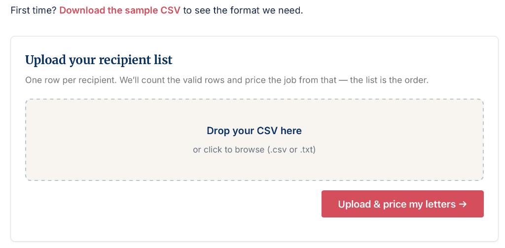 The Upload Your CSV recipient-list screen with a drag-and-drop upload box